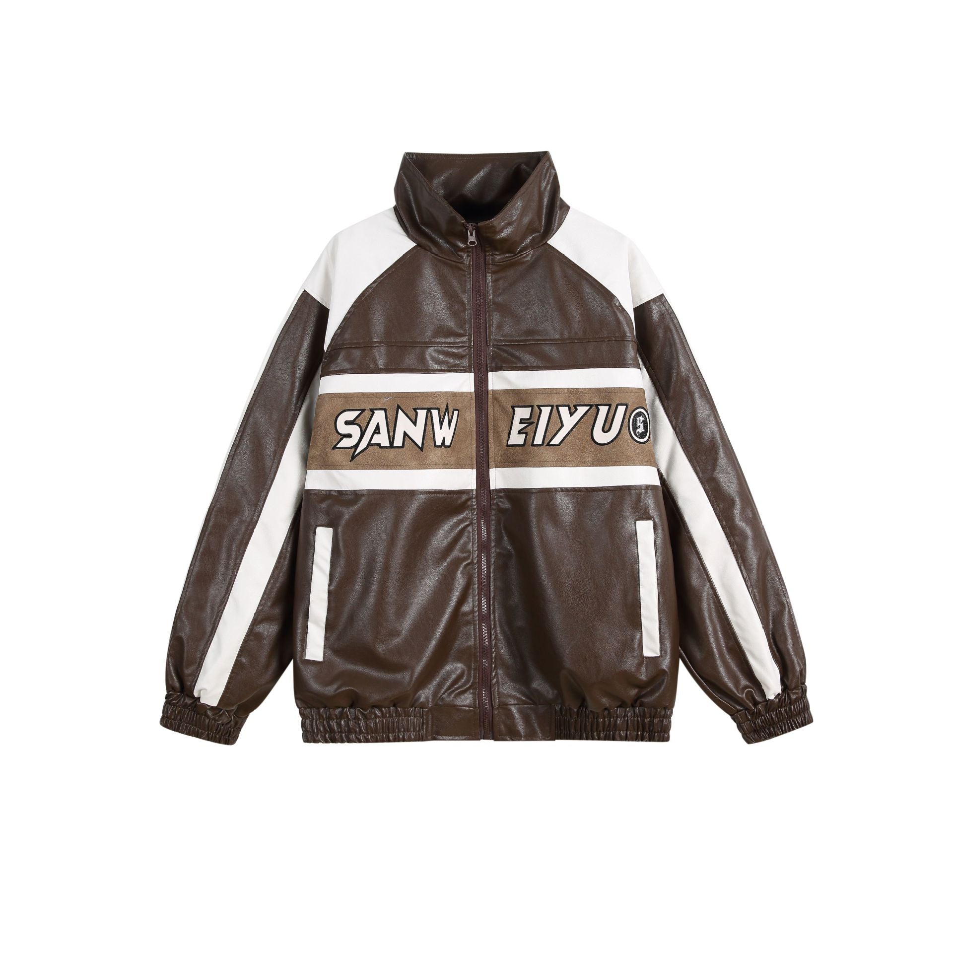 Women's faux leather track jacket in oversized cut with high stand-up collar and logo panel Chichicherry