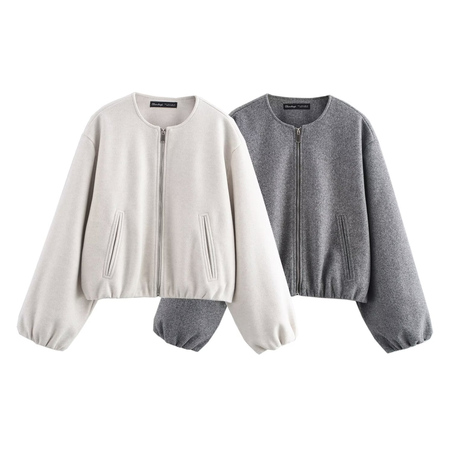 Ladies short-cut suede-look bomber jacket with round neck and balloon sleeves Chichicherry