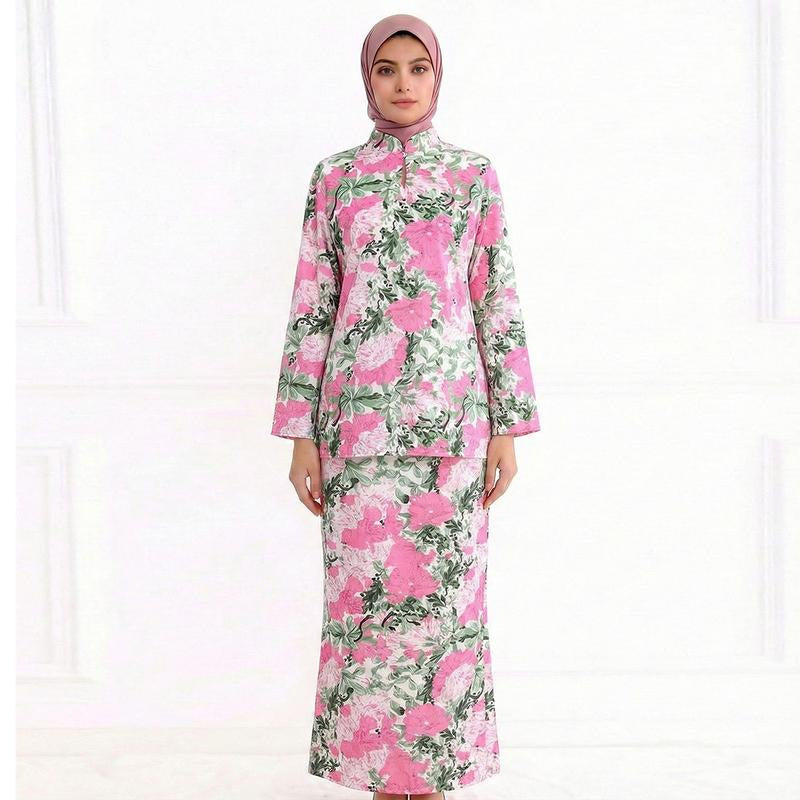 Ladies Two-Piece Modest Set consisting of Tunic with Stand-up Collar and Straight Maxi Skirt with Floral Print Chichicherry