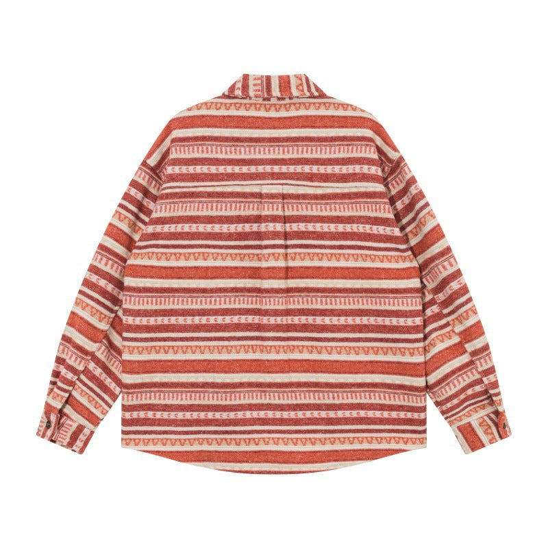 Unisex Oversize Knit Shirt Jacket in Ethnic Stripe Pattern with Flap Pockets Chichicherry