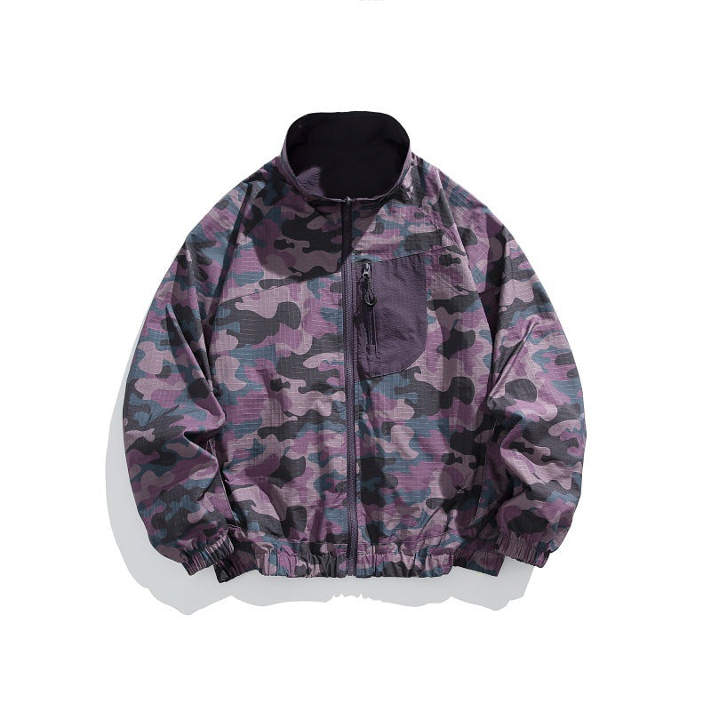 Unisex Lightweight Camo Windbreaker with High Stand Collar, Chest Zip and Elastic Hem Chichicherry