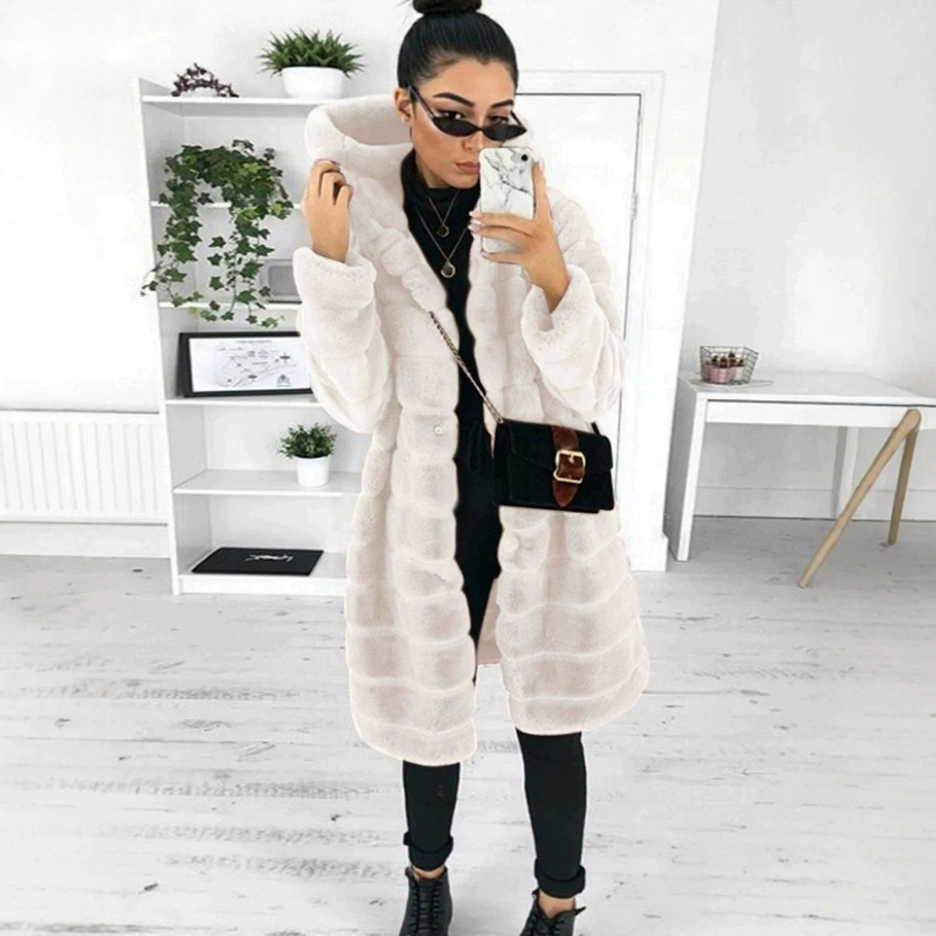 Women's Hooded Faux Fur Coat with Quilted Panel Structure Chichicherry