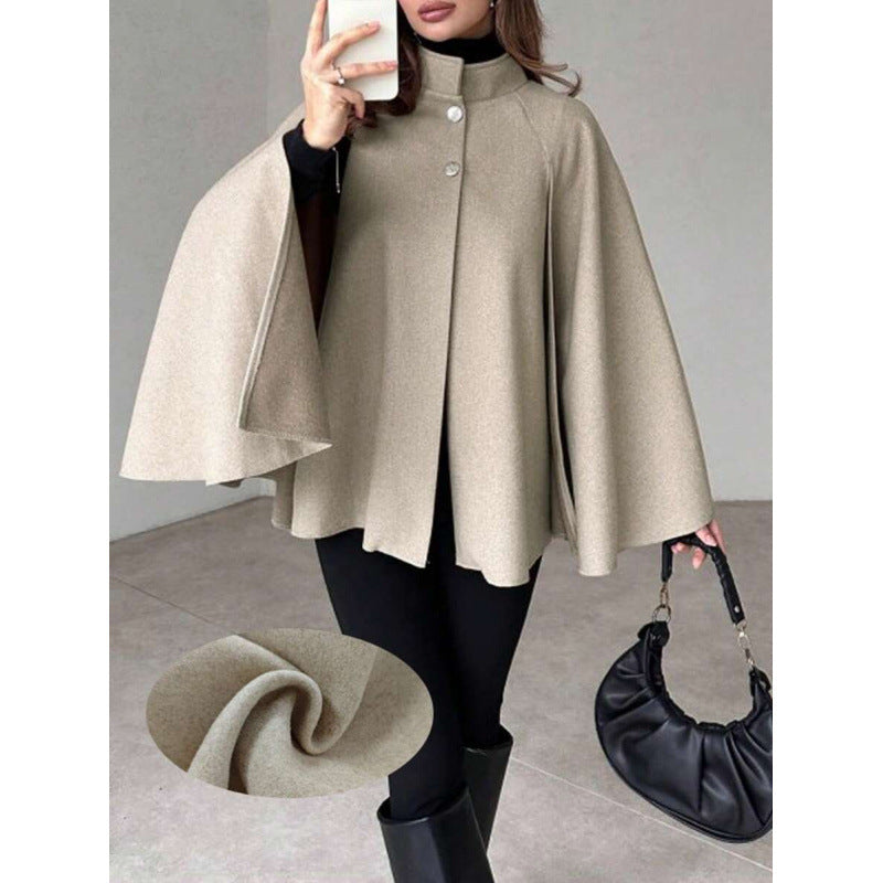 Women's cape coat with stand-up collar, flowing A-line and concealed button placket Chichicherry