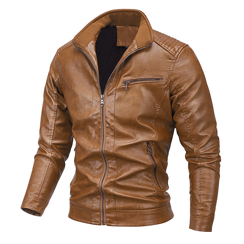 Men's faux leather moto jacket with stand-up collar, distinctive quilted design, and zip pockets Chichicherry