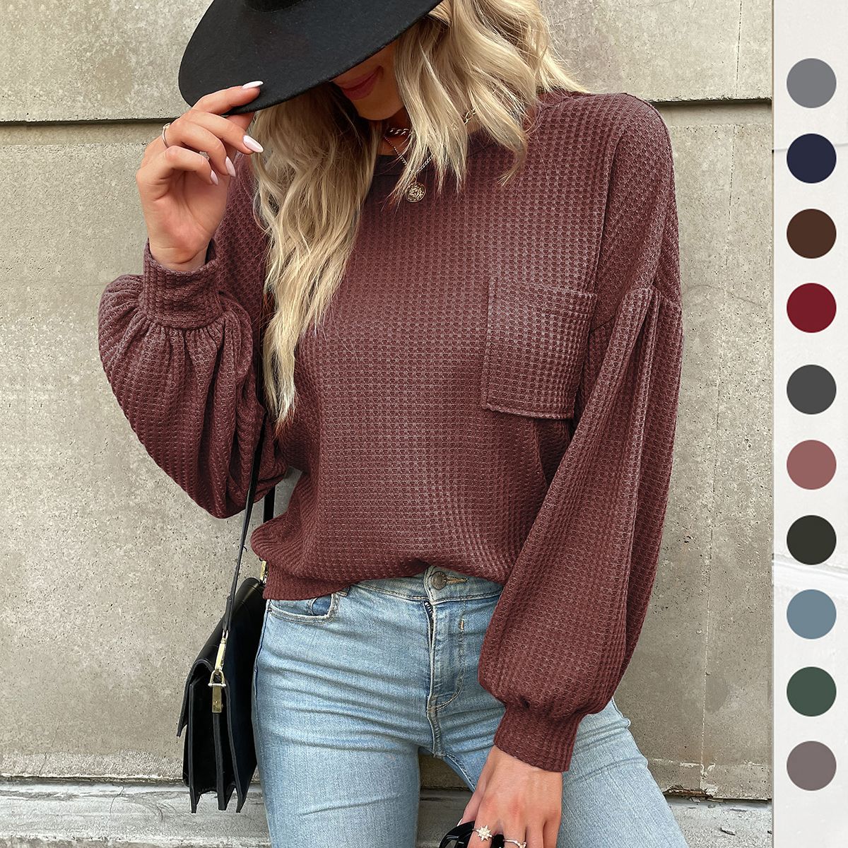 Women's waffle knit long sleeve with balloon sleeves, chest pocket and wide hem Chichicherry
