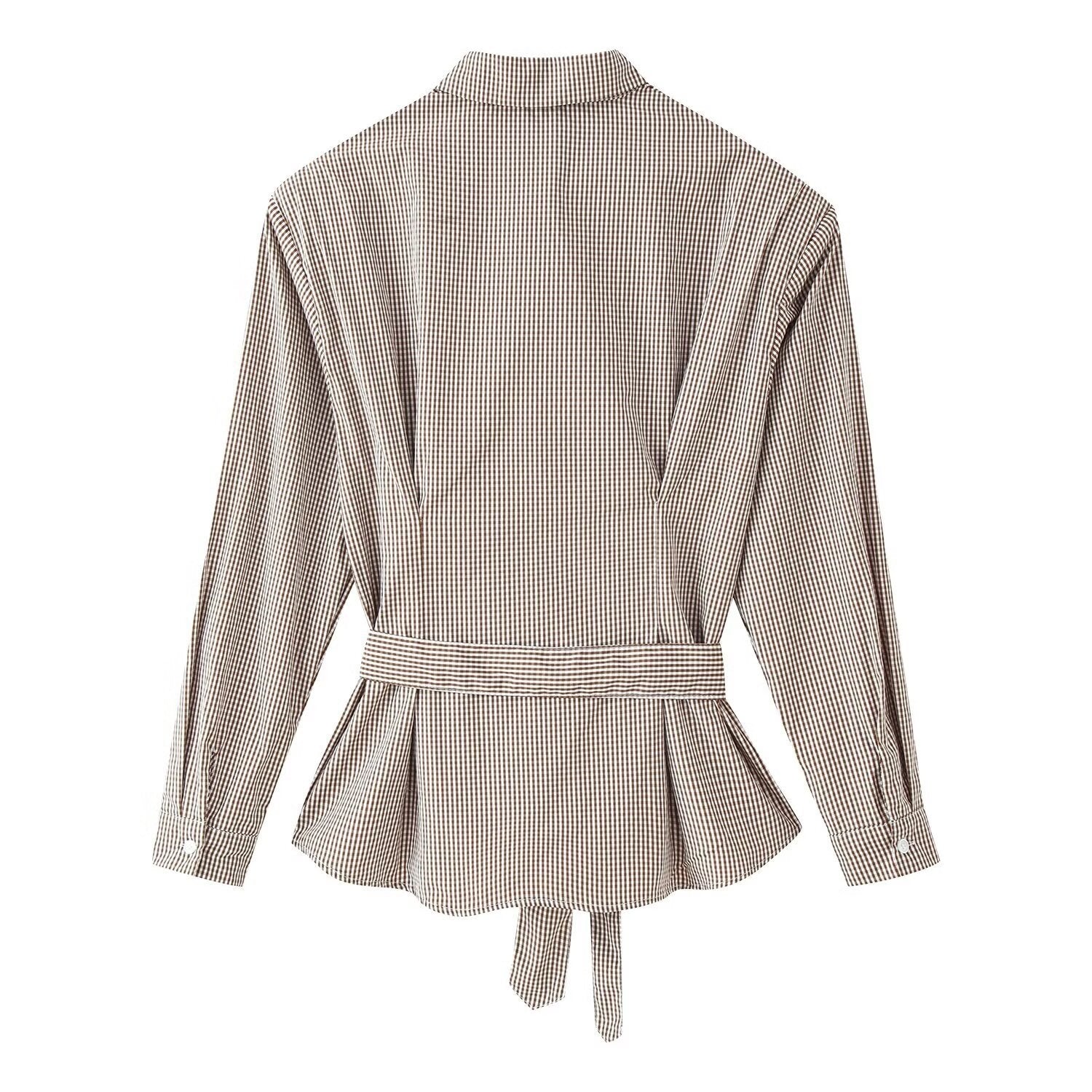 Women Tailored Shirt Dress with Check Pattern and Tied Belt Chichicherry