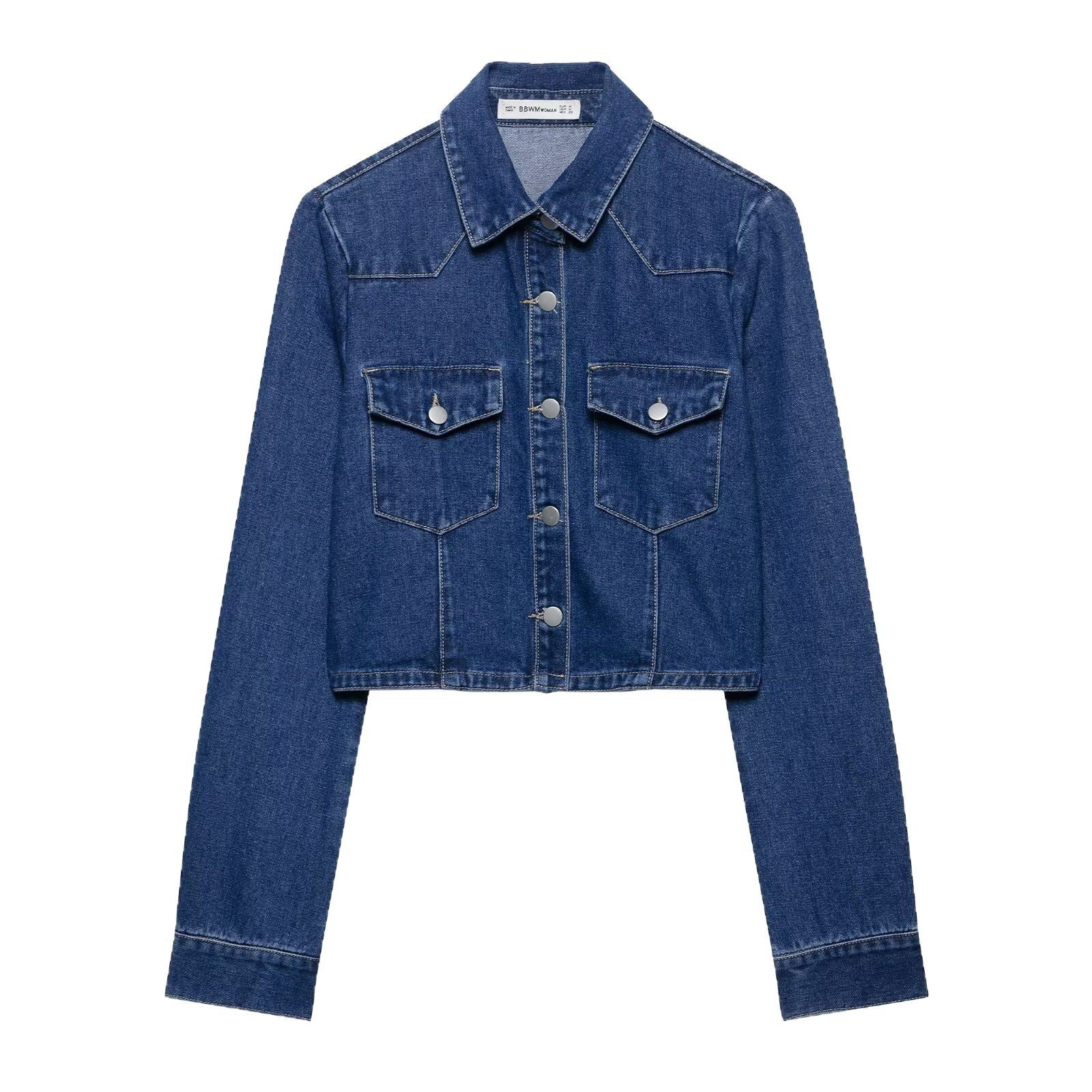 Women Short Cut Denim Jacket with Chest Pockets and Snap Placket Chichicherry