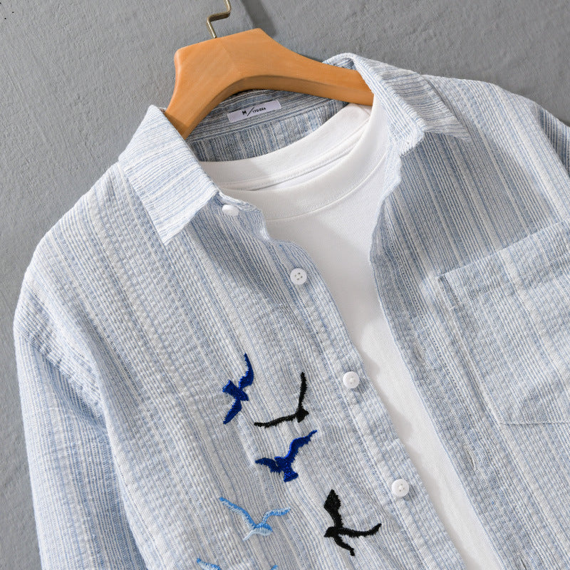Men's lightweight striped overshirt made of linen-cotton blend with bird embroidery Chichicherry