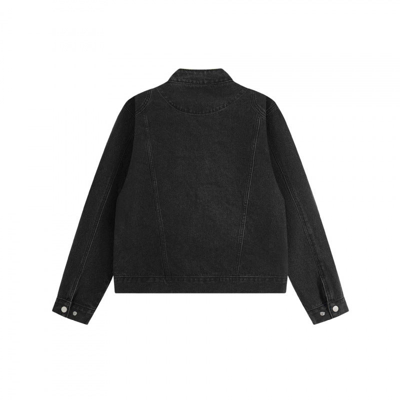 Unisex Short-cut boxy denim blouson jacket with stand-up collar, metal zipper, and adjustable hem straps Chichicherry