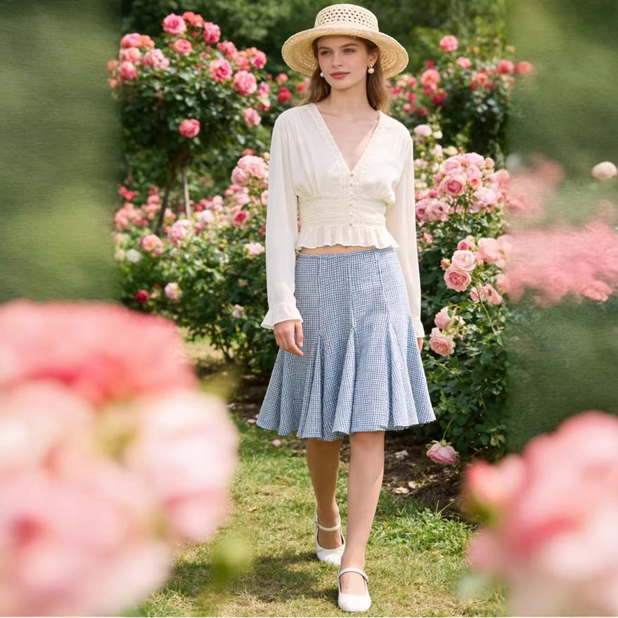 Women's Delicate Long Sleeve Blouse made of Crinkle Chiffon with Deep V Neckline, Smocked Waist and Ruffled Hem Chichicherry