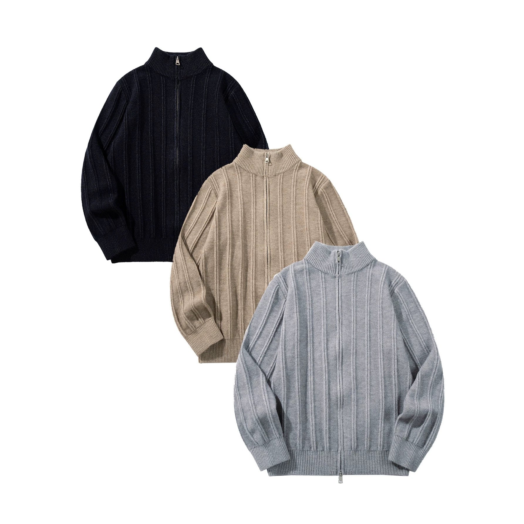 Unisex Gathered Knit Zip Jacket with High Stand-up Collar and Vertical Structure Chichicherry
