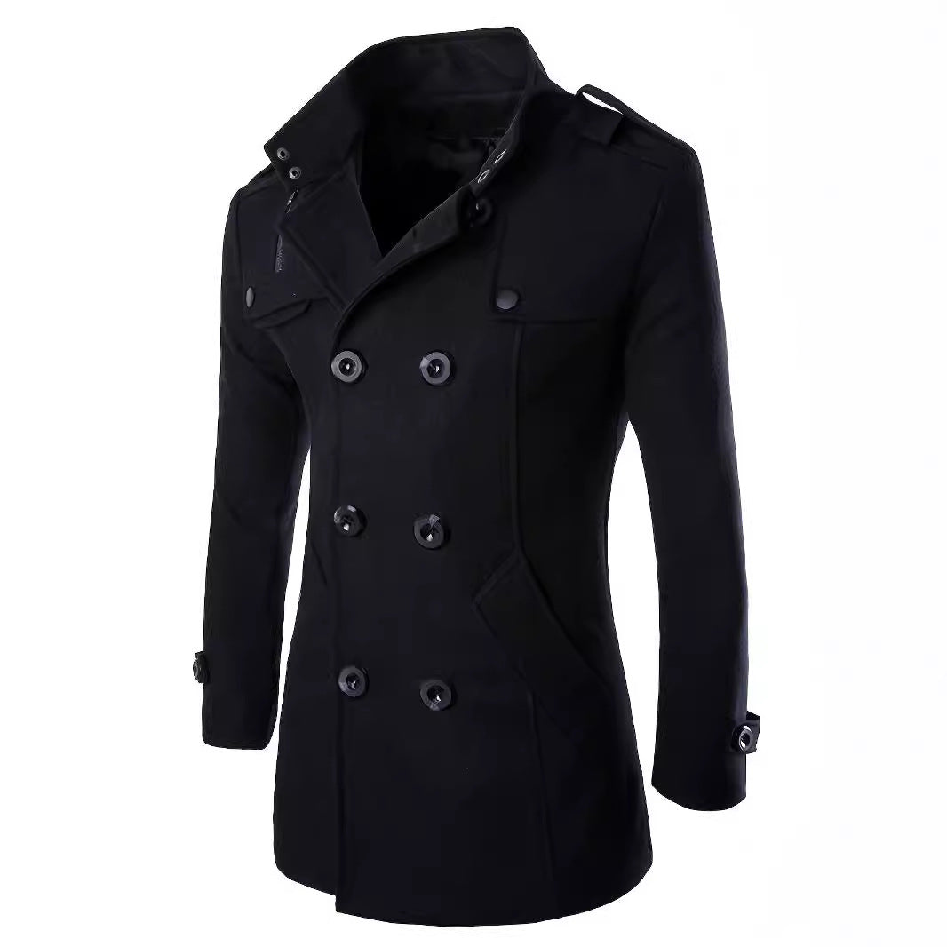 Men's Double-Breasted Peacoat with Stand Collar, Shoulder Straps, and Tailored Silhouette Chichicherry