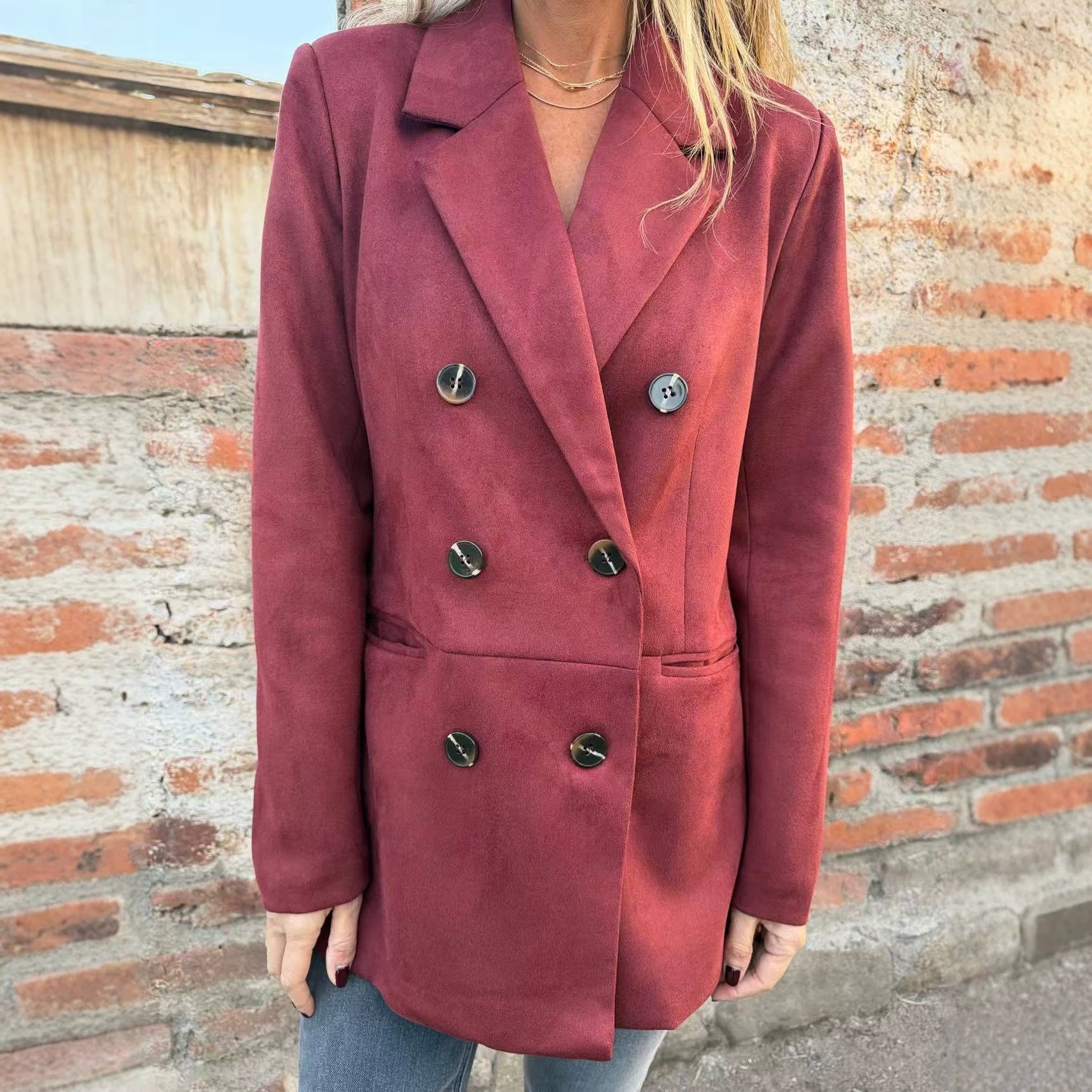 Women Double-breasted coat in velvet look with lapel collar Chichicherry