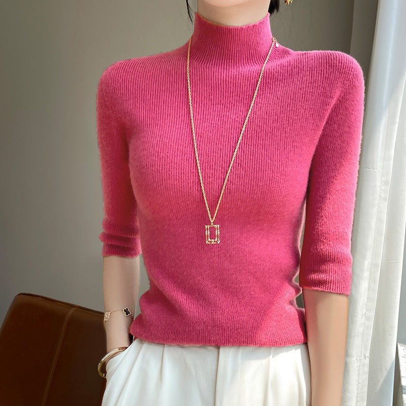 Women's Short Sleeve Mock Neck Sweater with Fluffy Angora Look Chichicherry