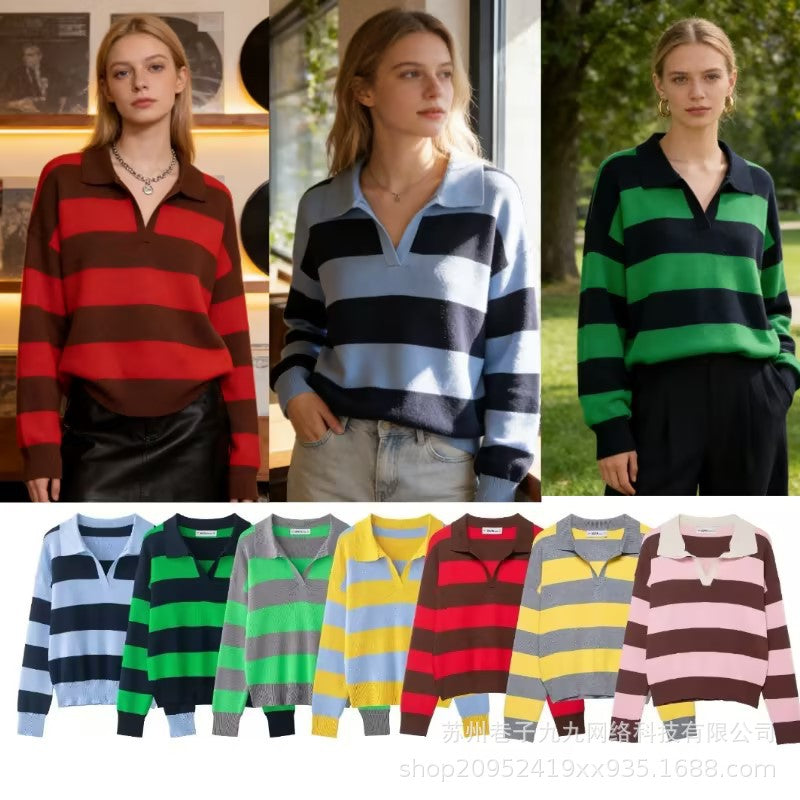 Women Striped Oversize Rugby Sweater with Polo Collar and V-Neck Chichicherry