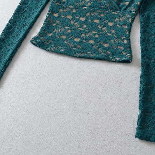 Women's Figure-hugging Lace Top with Wrap V-neck and Long Sleeves Chichicherry