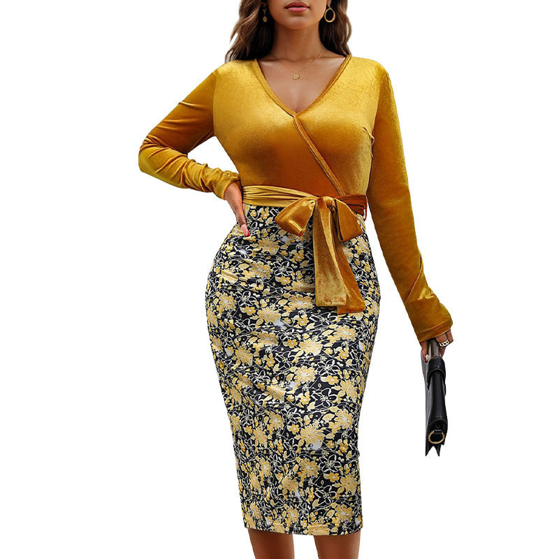 Women's wrap dress with velvet top and floral jacquard pencil skirt Chichicherry