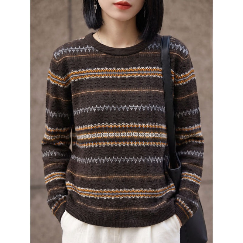 Women's lightweight round neck pullover in Norwegian stripe design with structured ajour optics Chichicherry