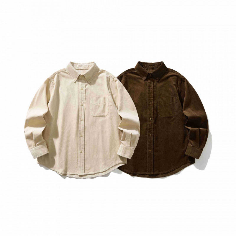 Unisex Boxy Cord Shirt in Overshirt Style with Button-Down Collar and Patch Chest Pocket Chichicherry