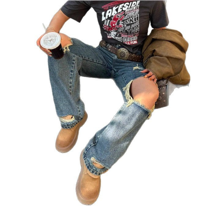 Women's Wide Vintage Ripped Jeans with High Waist, Large Knee Rips and Relaxed Straight Leg Chichicherry