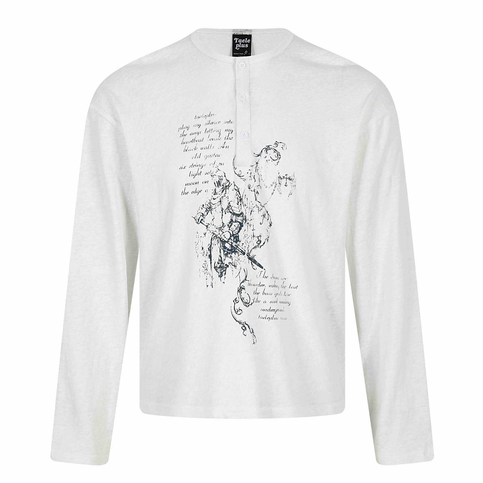 Unisex Long Sleeve Henley Shirt with Button-Up Chest Placket and Vintage Illustration Print Chichicherry