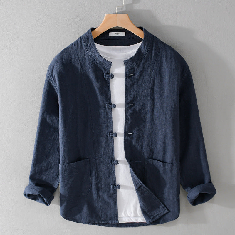 Men's Relaxed Linen Overshirt with Stand-Up Collar and Traditional Knot Closures Chichicherry