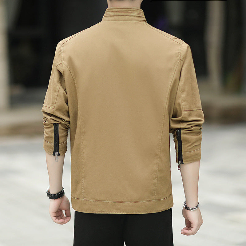 Men's Minimalistic Utility Transitional Jacket made of Cotton Canvas with Stand Collar and Zipper Pockets Chichicherry