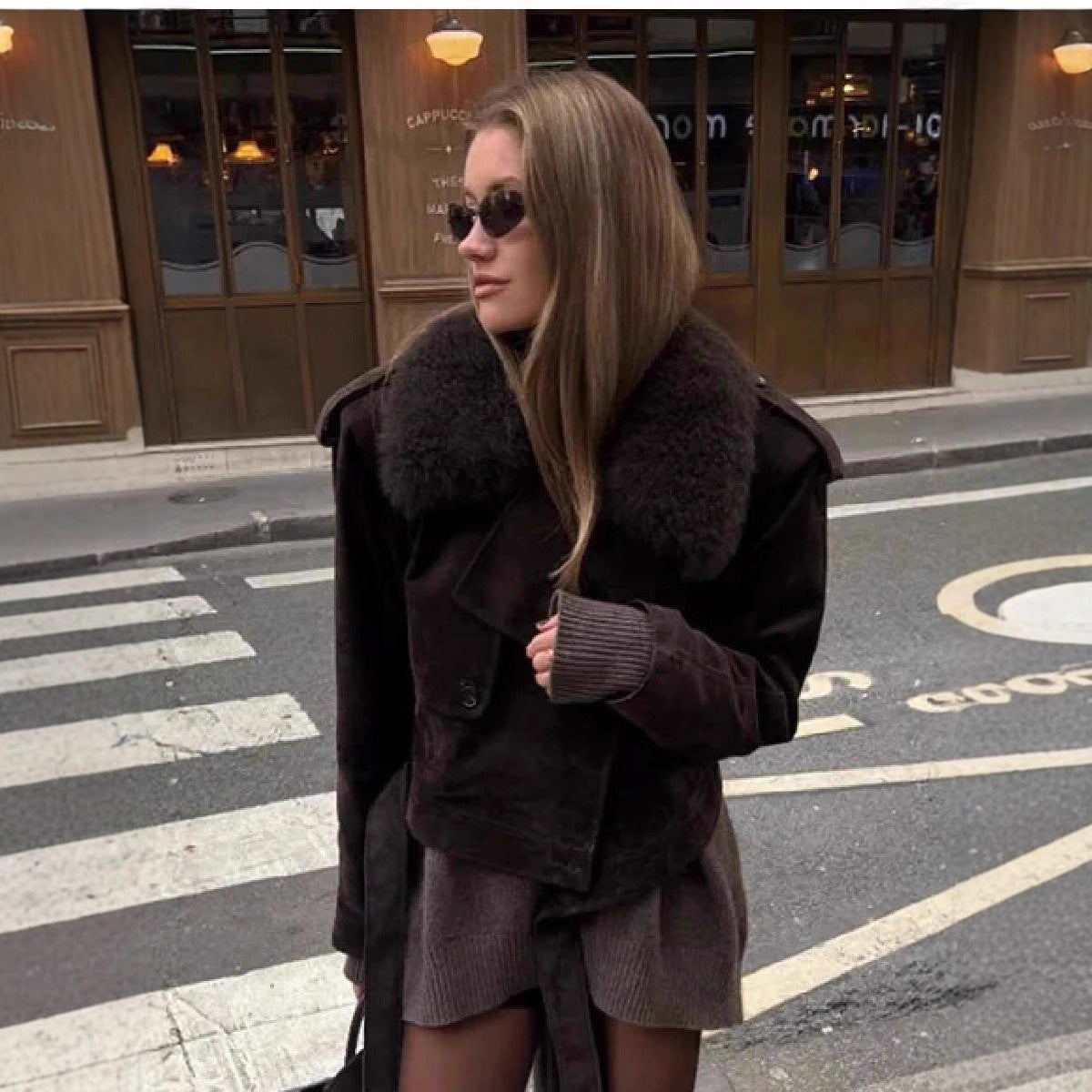 Women's Cropped Motorcycle Jacket in Suede Look with Voluminous Teddy Collar Chichicherry