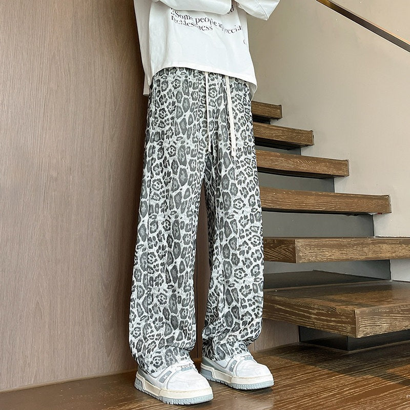 Men's Loose Fit Leopard Print Pants made of Lightweight Viscose Blend with Drawstring Chichicherry
