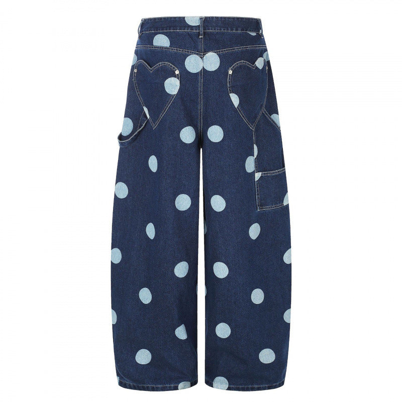 Women's Wide Cropped Jeans with High Waist, Polka Dot Print and Carpenter Details Chichicherry