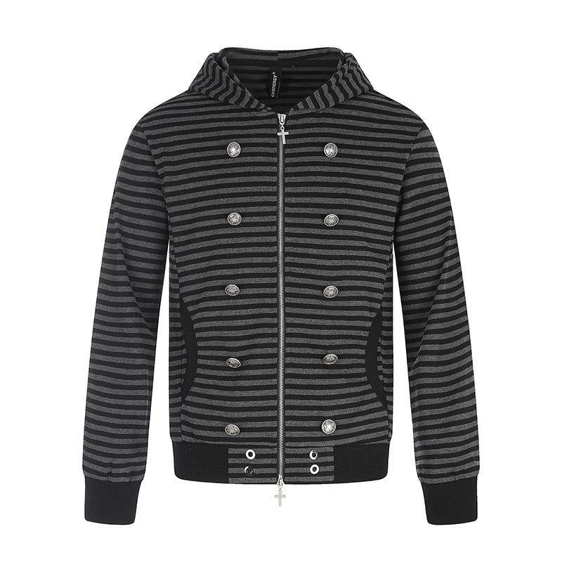 Women's Striped Hooded Sweat Jacket with Decorative Double Row, Metal Zipper and Hood Chichicherry