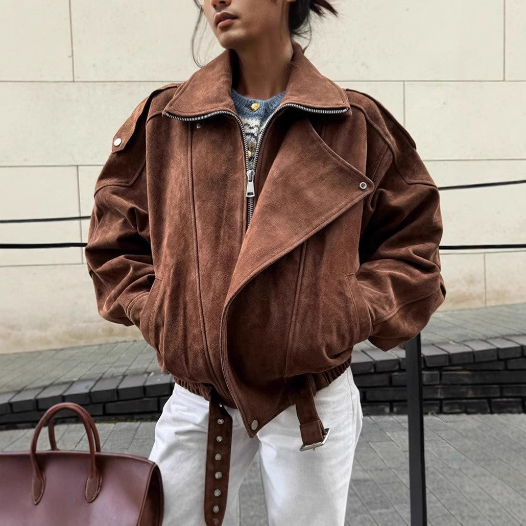 Women's Oversized Suede Blouson with Asymmetrical Zipper and Waistbelt Chichicherry