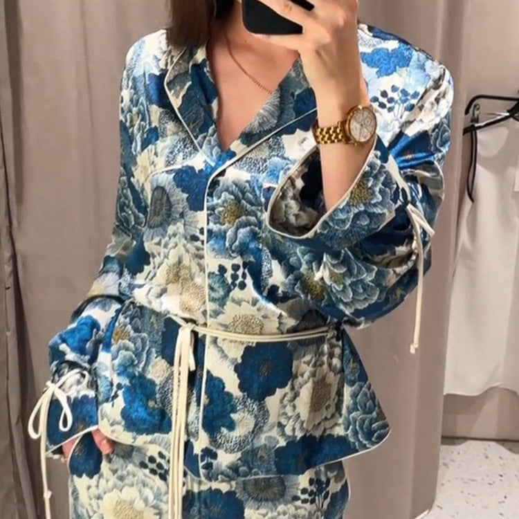 Women Two-Piece Floral Jacquard Loungewear Set with Waist Belt, Piping and Tied Sleeves Chichicherry