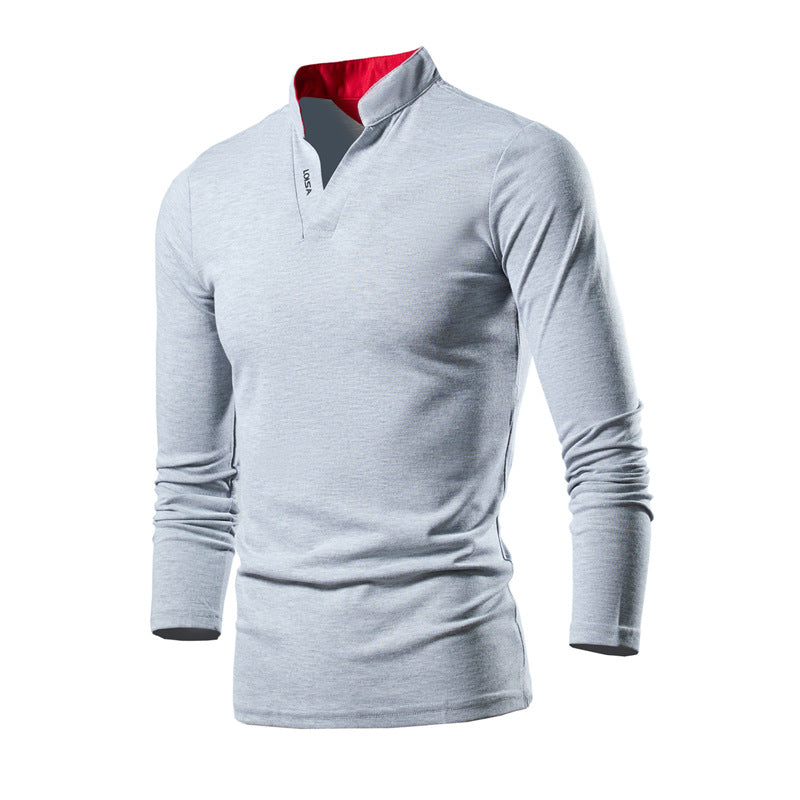 Men's Slim-Fit Long Sleeve Shirt with Stand Collar, Open V-Neck and Functional Stretch Material Chichicherry