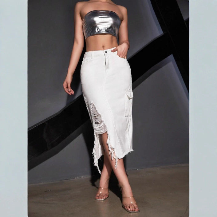 Women's midi skirt made of denim with side cargo pocket, high waist and destroyed slit Chichicherry