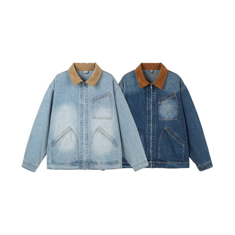 Men's Relaxed Denim Jacket with Contrast Corduroy Collar and Slanted Chest Pocket Chichicherry