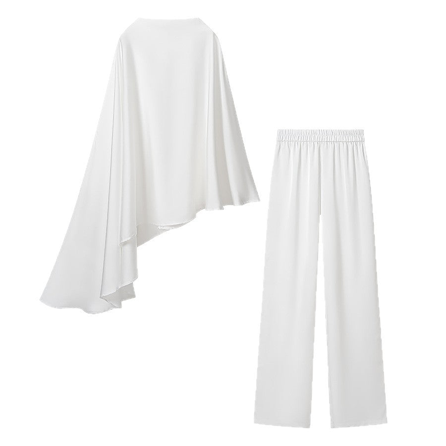 Women Two-Piece Ensemble made of flowing cape with asymmetrical hem and high-waisted wide-leg pants Chichicherry
