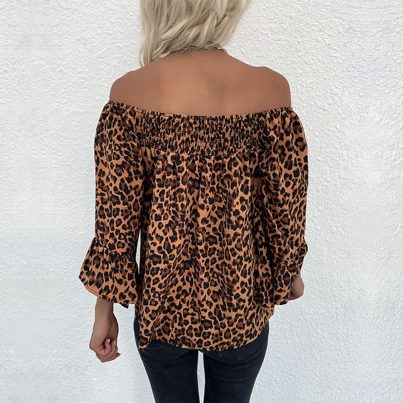 Women's Carmen blouse with smocked cuffs, off-the-shoulder neckline, and leopard print Chichicherry
