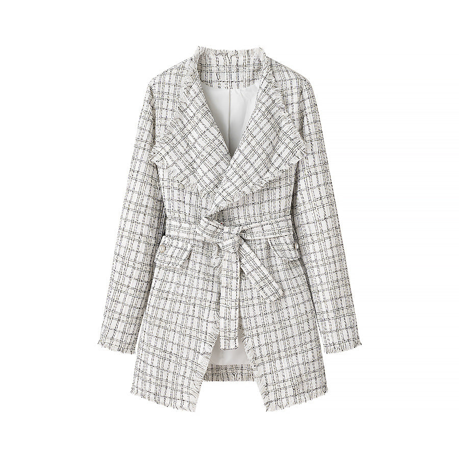 Women's Tailored Boucle Short Coat with Shawl Collar and Tie Belt Chichicherry