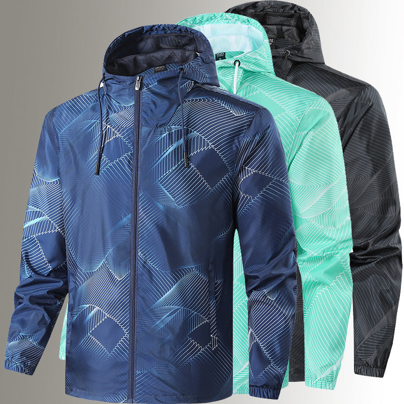 Men's Lightweight Hooded Windbreaker Jacket with Graphic Allover Print and Packing Function Chichicherry