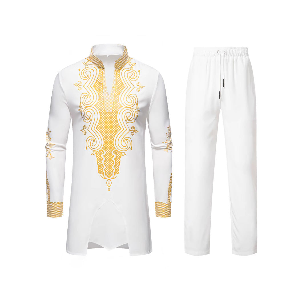 Men's Traditional Embroidered Tunic Set with Mandarin Collar and Elastic Pants Chichicherry