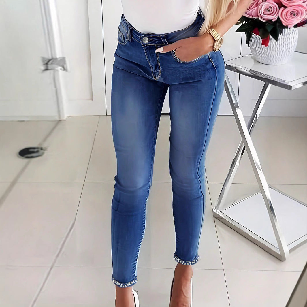 Women's skinny jeans with pearl embellishments and decorative bows Chichicherry