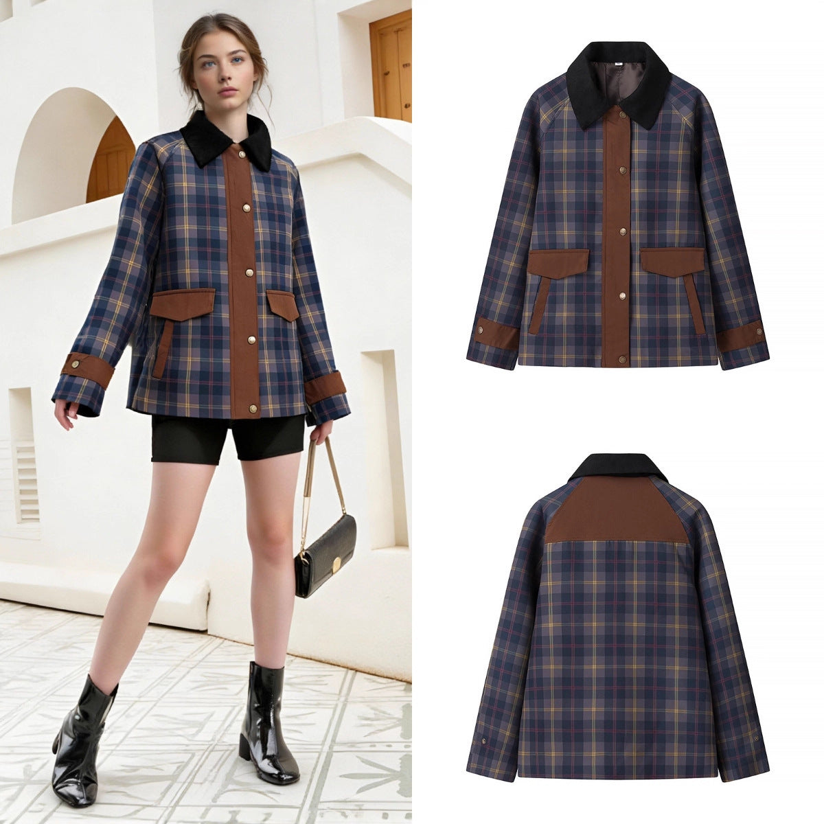 Women's Checked Transition Jacket with Cord Collar and Contrast Trimmings Chichicherry