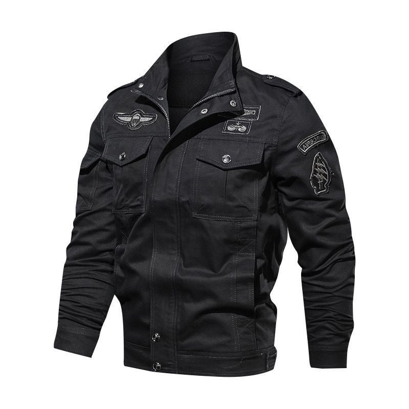 Men's Lightweight Canvas Utility Jacket in Military Look with Stand-up Collar, Epaulettes and Chest Flap Pockets Chichicherry