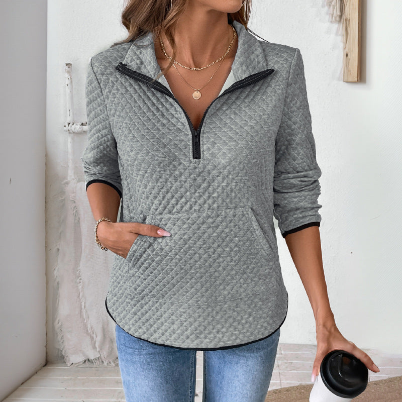 Women's quilted sweatshirt with half zipper, stand-up collar, and kangaroo pocket Chichicherry