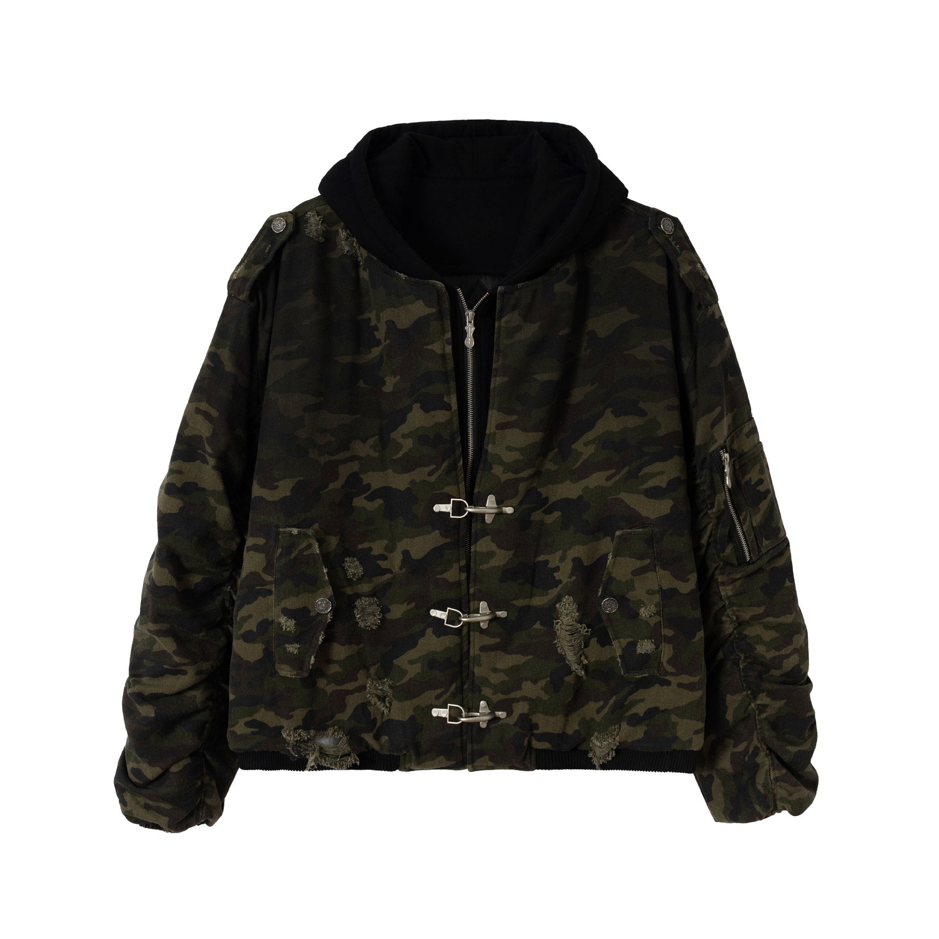 Men's Camouflage Utility Bomber Jacket with Hood, Distressed Details and Hook Closure Chichicherry