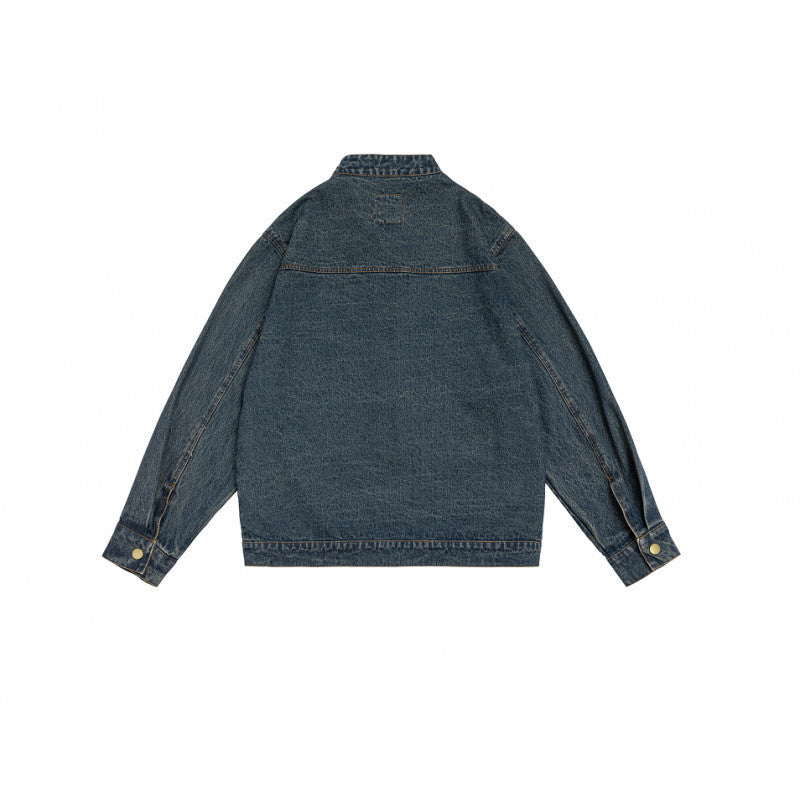 Unisex boxy denim jacket with stand-up collar, full-length zipper and shaped front pockets Chichicherry