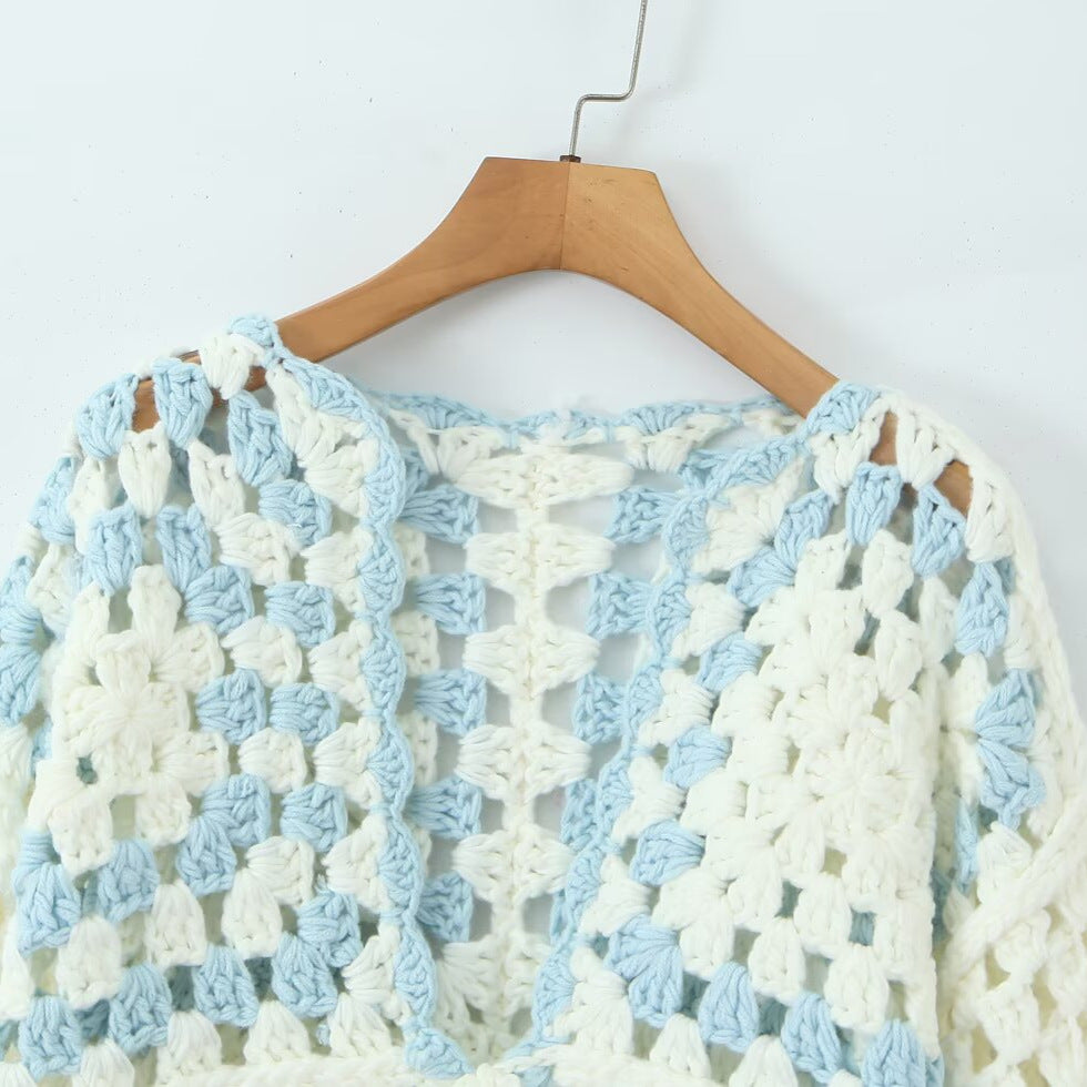 Women Crocheted Granny-Square Cardigan with Wide Sleeves and Ties Chichicherry