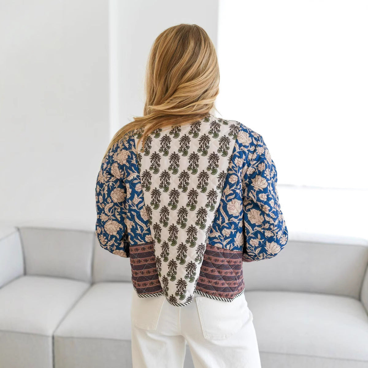 Women Quilted Short Jacket in Boho Patchwork Style with Open Front Chichicherry