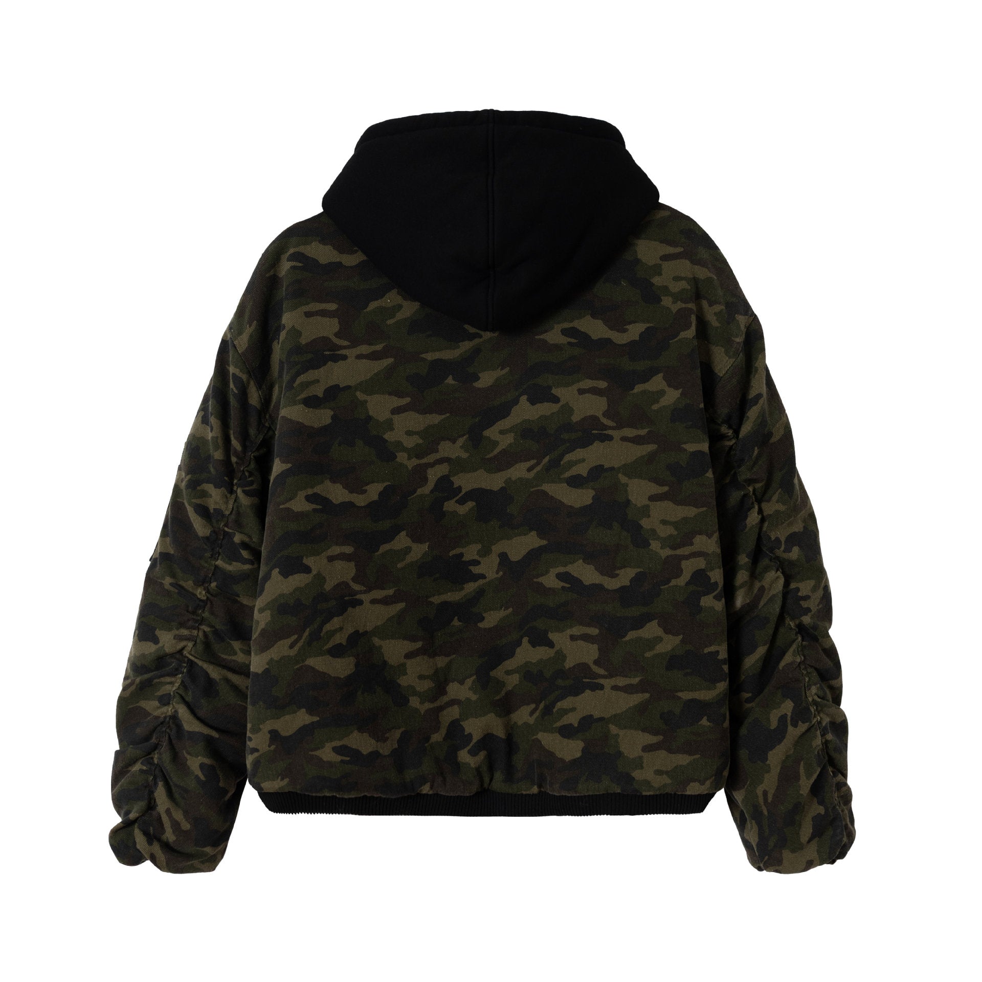 Men's Camouflage Utility Bomber Jacket with Hood, Distressed Details and Hook Closure Chichicherry
